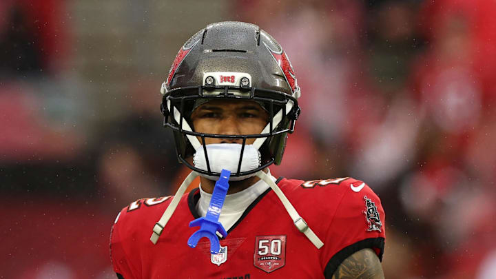 Tampa Bay Buccaneers wide receiver Emeka Egbuka (2) warms up before the game against the Carolina Panthers
