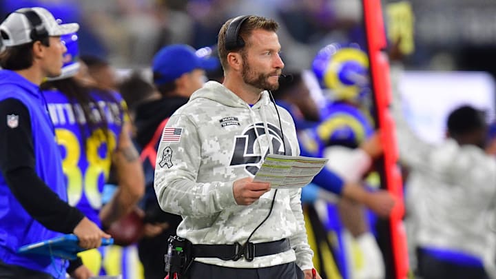Nov 11, 2024; Inglewood, California, USA; Los Angeles Rams head coach Sean McVay watches game action against the Miami Dolphins during the first half at SoFi Stadium. Mandatory Credit: Gary A. Vasquez-Imagn Images