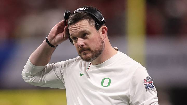 Jan 9, 2026; Atlanta, GA, USA; Oregon Ducks head coach Dan Lanning reacts during the first half of the 2025 Peach Bowl and semifinal game of the College Football Playoff against the Indiana Hoosiers at Mercedes-Benz Stadium. Mandatory Credit: Brett Davis-Imagn Images