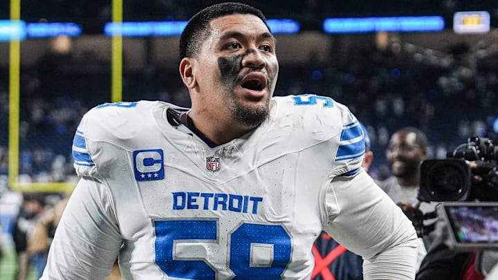 Detroit Lions offensive tackle Penei Sewell (58) walks off the field after 44-30 win over Dallas Cowboys at Ford Field Detroit Lions offensive tackle Penei Sewell (58) walks off the field after 44-30 win over Dallas Cowboys at Ford Field