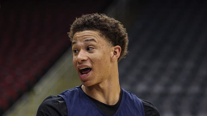 Mar 26, 2025; Newark, NJ, USA; Arizona Wildcats forward Carter Bryant (9) reacts during a practice session in preparation for an East Regional semifinal game against the Duke Blue Devils at Prudential Center. Mandatory Credit: Vincent Carchietta-Imagn Images