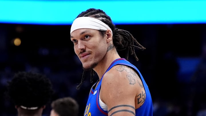 Mar 11, 2026; Denver, Colorado, USA; Denver Nuggets forward Aaron Gordon (32) reacts to a offensive foul called on the Houston Rockets during the second quarter at Ball Arena. Mandatory Credit: Ron Chenoy-Imagn Images