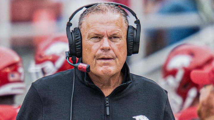Arkansas Razorbacks coach Sam Pittman on the sidelines against the Ole Miss Rebels at Razorback Stadium in Fayetteville, Ark.