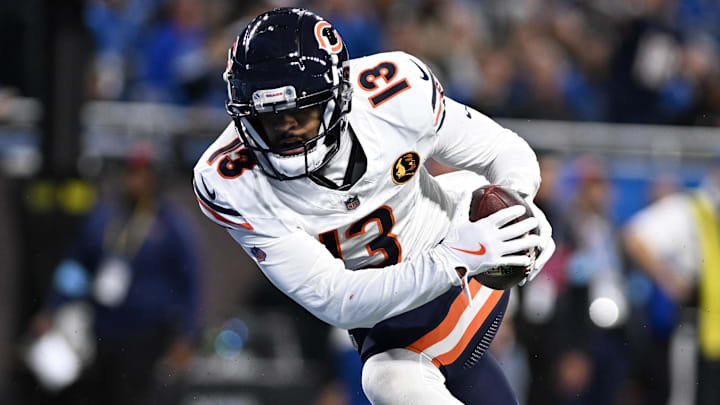Nov 28, 2024; Detroit, Michigan, USA; Chicago Bears wide receiver Keenan Allen (13) catches a touchdown pass against the Detroit Lions in the third quarter at Ford Field. Mandatory Credit: Lon Horwedel-Imagn Images