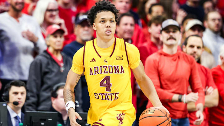 Jan 14, 2026; Tucson, Arizona, USA; Arizona State Sun Devils guard Bryce Ford (4) dribbles the ball during the first half of the game against the Arizona Wildcats at McKale Memorial Center. Mandatory Credit: Aryanna Frank-Imagn Images