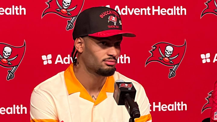 Bucs WR Emeka Egbuka at his introductory press conference(5/25/25). Photo via JC Allen