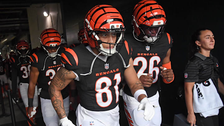 Aug 7, 2025; Philadelphia, Pennsylvania, USA; Cincinnati Bengals wide receiver Jermaine Burton (81) and safety Tycen Anderson (26) in the tunnel against the Philadelphia Eagles at Lincoln Financial Field. Mandatory Credit: Eric Hartline-Imagn Images