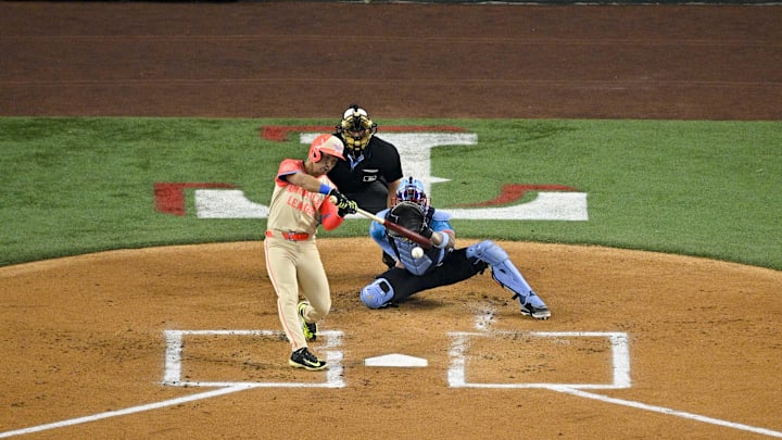 Jul 16, 2024; Arlington, Texas, USA; National League pitcher Paul Skenes of the Pittsburgh Pirates (30) pitches to American League outfielder Steven Kwan of the Cleveland Guardians (38) during the first inning of the 2024 MLB All-Star game at Globe Life Field. Mandatory Credit: Jerome Miron-Imagn Images