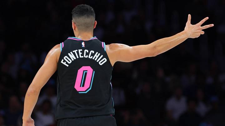 Miami Heat forward Simone Fontecchio (0) reacts  (Mandatory Credit: Sam Navarro-Imagn Images)
