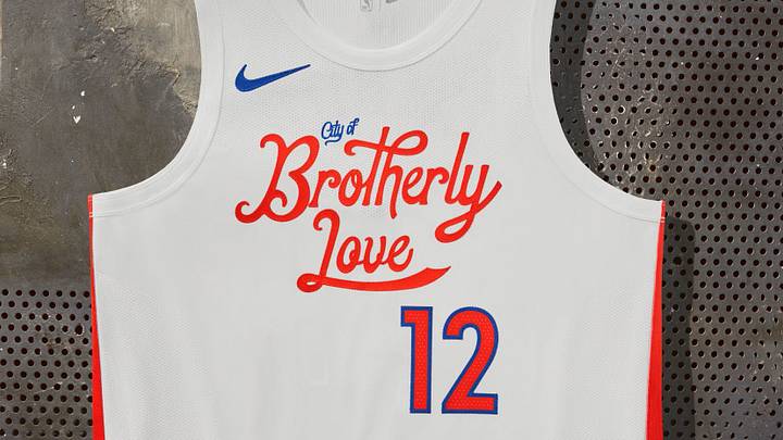 The Philadelphia 76ers "City of Brotherly Love" Nike City Edition jersey. The Philadelphia 76ers "City of Brotherly Love" Nike City Edition jersey.