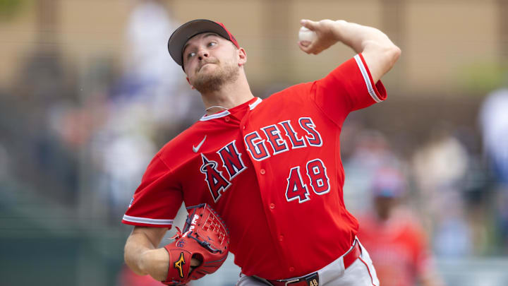 Mar 1, 2026; Phoenix, Arizona, USA; Los Angeles Angels pitcher Reid Detmers against the Los Angeles Dodgers during a spring training game at Camelback Ranch-Glendale. Mandatory Credit: Mark J. Rebilas-Imagn Images