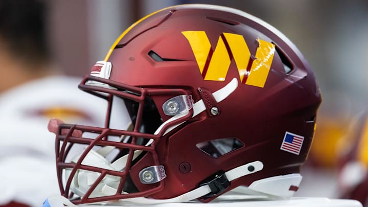 Sep 29, 2024; Glendale, Arizona, USA; Detailed view of a Washington Commanders helmet at State Farm Stadium. Mandatory Credit: Mark J. Rebilas-Imagn Images