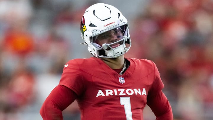 Aug 9, 2025; Glendale, Arizona, USA; Arizona Cardinals quarterback Kyler Murray (1) reacts after a yellow penalty flag is thrown against the Kansas City Chiefs during a preseason NFL game at State Farm Stadium. Mandatory Credit: Mark J. Rebilas-Imagn Images