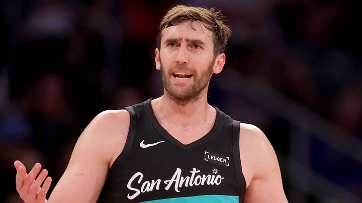 Mar 1, 2026; New York, New York, USA; San Antonio Spurs center Luke Kornet (7) reacts during the second quarter against the New York Knicks at Madison Square Garden. Mandatory Credit: Brad Penner-Imagn Images