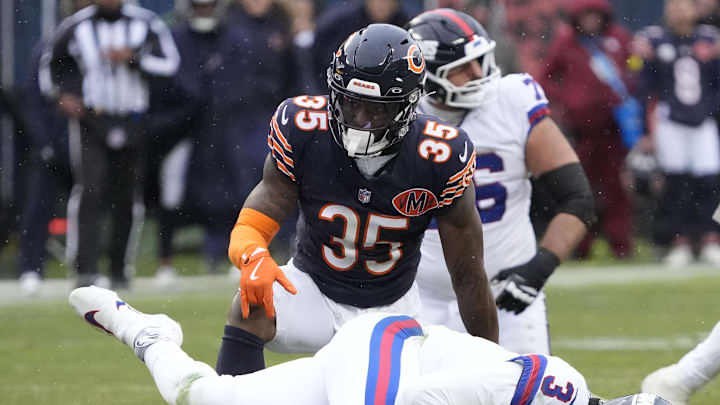 Nov 9, 2025; Chicago, Illinois, USA; Chicago Bears safety C.J. Gardner-Johnson (35) sacks New York Giants quarterback Russell Wilson (3) during the second half at Soldier Field. Mandatory Credit: David Banks-Imagn Images