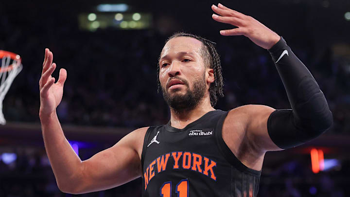 Nov 28, 2025; New York, New York, USA; New York Knicks guard Jalen Brunson (11) reacts during the second half against the Milwaukee Bucks at Madison Square Garden. Mandatory Credit: Vincent Carchietta-Imagn Images
