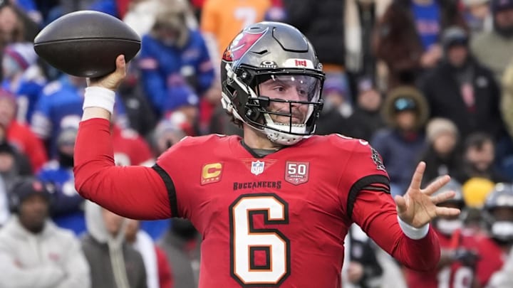 Nov 16, 2025; Orchard Park, New York, USA;  Tampa Bay Buccaneers quarterback Baker Mayfield (6) throws a pass against the Buffalo Bills during the second half of the game at Highmark Stadium. Mandatory Credit: Gregory Fisher-Imagn Images