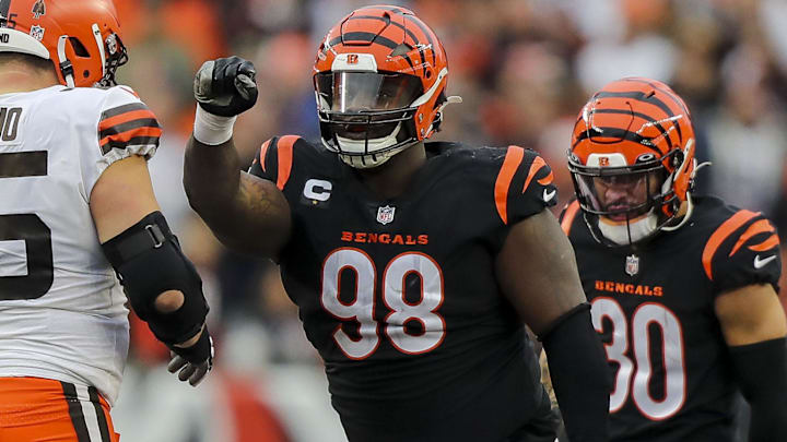 Dec 11, 2022; Cincinnati, Ohio, USA; Cincinnati Bengals defensive tackle DJ Reader (98) reacts after a play in the second half against the Cleveland Browns at Paycor Stadium. Mandatory Credit: Katie Stratman-Imagn Images