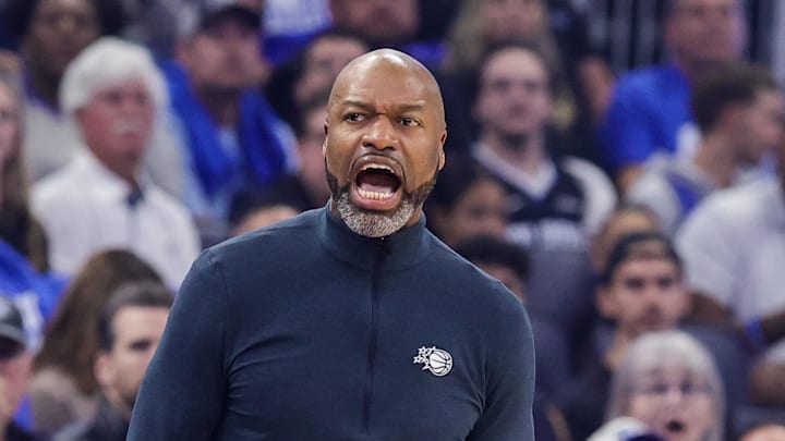 Apr 17, 2026; Orlando, Florida, USA; Orlando Magic head coach Jamahl Mosley during the first quarter against the Charlotte Hornets during the play-in rounds of the 2026 NBA Playoffs at Kia Center. Mandatory Credit: Mike Watters-Imagn Images