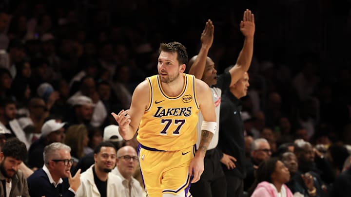 Mar 19, 2026; Miami, Florida, USA; Los Angeles Lakers guard Luka Doncic (77) reacts against the Miami Heat during the second half at Kaseya Center. Mandatory Credit: Isabella Frias-Imagn Images Mar 19, 2026; Miami, Florida, USA; Los Angeles Lakers guard Luka Doncic (77) reacts against the Miami Heat during the second half at Kaseya Center. Mandatory Credit: Isabella Frias-Imagn Images