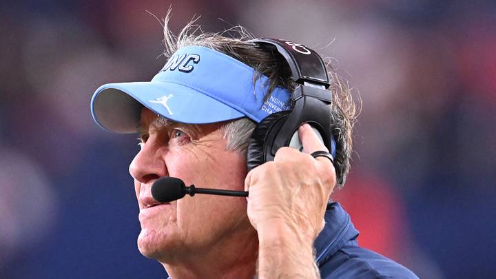 Oct 31, 2025; Syracuse, New York, USA; North Carolina Tar Heels head coach Bill Belichick looks to the clock in the fourth quarter game against the Syracuse Orange at the JMA Wireless Dome. Mandatory Credit: Mark Konezny-Imagn Images