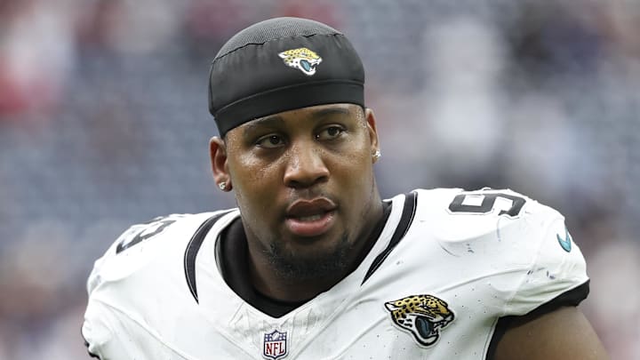 Sep 29, 2024; Houston, Texas, USA; Jacksonville Jaguars defensive tackle Jeremiah Ledbetter (99) after the game against the Houston Texans at NRG Stadium. Mandatory Credit: Troy Taormina-Imagn Images Sep 29, 2024; Houston, Texas, USA; Jacksonville Jaguars defensive tackle Jeremiah Ledbetter (99) after the game against the Houston Texans at NRG Stadium. Mandatory Credit: Troy Taormina-Imagn Images