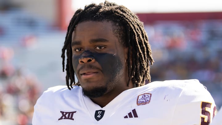 Nov 30, 2024; Tucson, Arizona, USA; Arizona State Sun Devils offensive lineman Max Iheanachor (58) against the Arizona Wildcats during the Territorial Cup at Arizona Stadium. Mandatory Credit: Mark J. Rebilas-Imagn Images