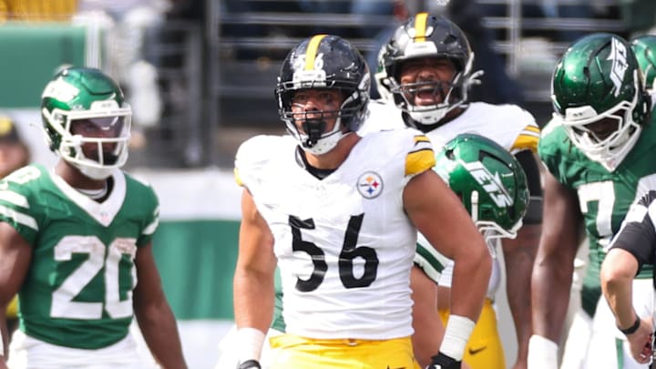 Sep 7, 2025; East Rutherford, New Jersey, USA; Pittsburgh Steelers linebacker Alex Highsmith (56) reacts to a defensive play during the second half against the New York Jets at MetLife Stadium. Mandatory Credit: Wendell Cruz-Imagn Images Sep 7, 2025; East Rutherford, New Jersey, USA; Pittsburgh Steelers linebacker Alex Highsmith (56) reacts to a defensive play during the second half against the New York Jets at MetLife Stadium. Mandatory Credit: Wendell Cruz-Imagn Images