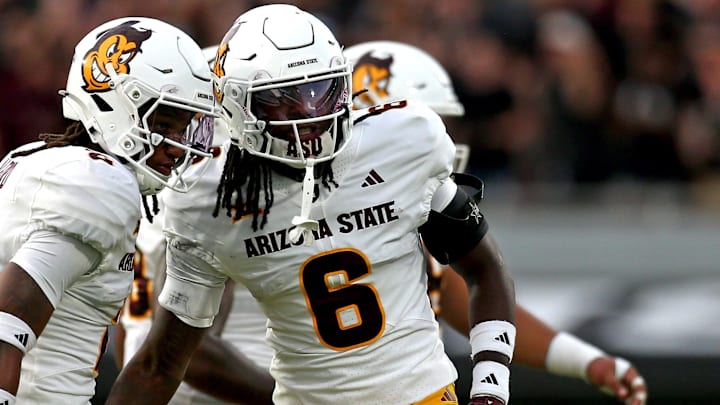 Sep 6, 2025; Starkville, Mississippi, USA; Arizona State Sun Devils defensive back Xavion Alford (2) reacts with defensive back Adrian Wilson (6) during the first quarter against the Mississippi State Bulldogs at Davis Wade Stadium at Scott Field. Mandatory Credit: Petre Thomas-Imagn Images Sep 6, 2025; Starkville, Mississippi, USA; Arizona State Sun Devils defensive back Xavion Alford (2) reacts with defensive back Adrian Wilson (6) during the first quarter against the Mississippi State Bulldogs at Davis Wade Stadium at Scott Field. Mandatory Credit: Petre Thomas-Imagn Images