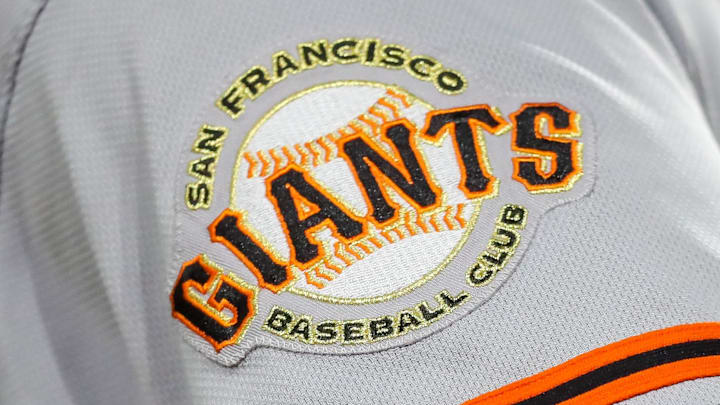 The San Francisco Giants logo on the sleeve of a jersey. 