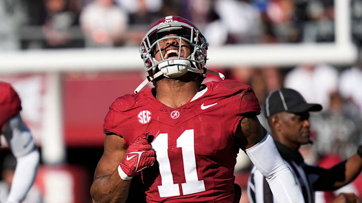 Alabama Crimson Tide linebacker Jihaad Campbell celebrates after sacking Mercer quarterback Whitt Newbauer.