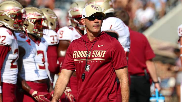Sep 19, 2026; Tuscaloosa, Alabama, USA; Florida State Seminoles head coach Mike Norvell warms up his team before a game against the Alabama Crimson Tide at Saban Field at Bryant-Denny Stadium. Mandatory Credit: David Leong-Imagn Images Sep 19, 2026; Tuscaloosa, Alabama, USA; Florida State Seminoles head coach Mike Norvell warms up his team before a game against the Alabama Crimson Tide at Saban Field at Bryant-Denny Stadium. Mandatory Credit: David Leong-Imagn Images