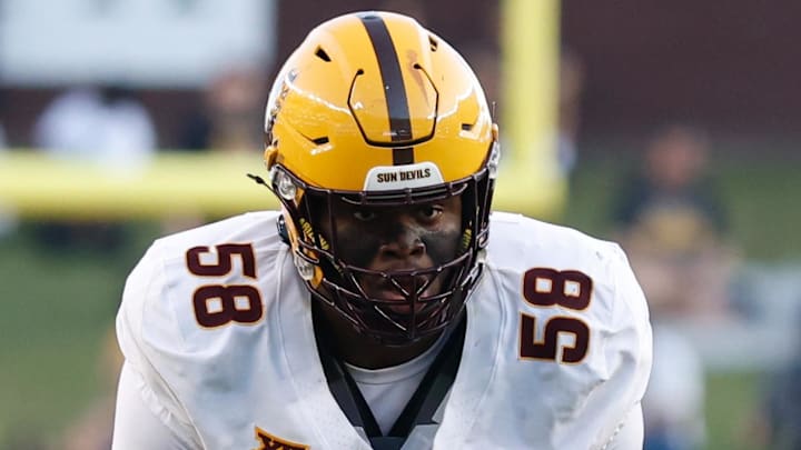 Sep 20, 2025; Waco, Texas, USA; Arizona State Sun Devils offensive lineman Max Iheanachor (58) in action against the Baylor Bears during the first half at McLane Stadium. Mandatory Credit: Chris Jones-Imagn Images