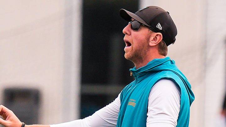 Jaguars head coach Liam Coen coaches during the Jaguars’ fourth OTA of the year, Monday June 1, 2026 at the Miller Electric Center in Jacksonville, Fla. [Doug Engle/Florida Times-Union]