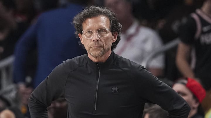 Apr 25, 2026; Atlanta, Georgia, USA; Atlanta Hawks head coach Quin Snyder follows the play against the New York Knicks during the second half during game four of the first round of the 2026 NBA Playoffs at State Farm Arena. Mandatory Credit: Dale Zanine-Imagn Images