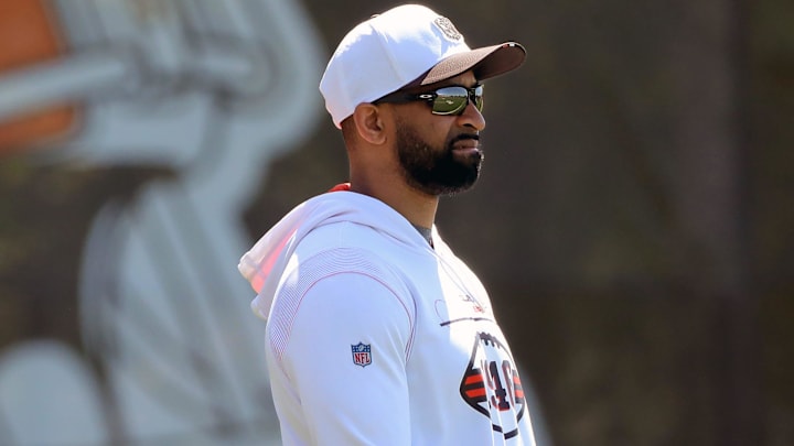 Cleveland Browns general manager Andrew Berry watches practice during NFL rookie minicamp at the Cleveland Browns training facility on Friday, May 9, 2025, in Berea, Ohio.
