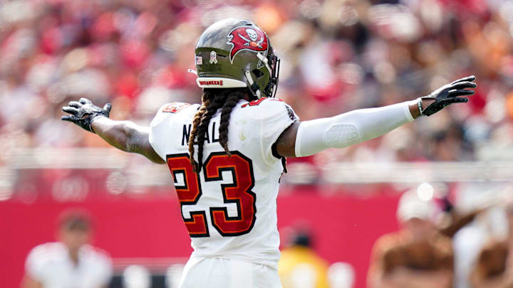 Tampa Bay Buccaneers safety Ryan Neal (23) reacts after Tennessee Titans place kicker Nick Folk missed a field goal during the second quarter at Raymond James Stadium in Tampa, Fla., Sunday, Nov. 12, 2023. Tampa Bay Buccaneers safety Ryan Neal (23) reacts after Tennessee Titans place kicker Nick Folk missed a field goal during the second quarter at Raymond James Stadium in Tampa, Fla., Sunday, Nov. 12, 2023.