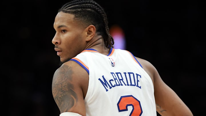 Jan 9, 2026; Phoenix, Arizona, USA; Detailed view of the jersey of New York Knicks guard Miles McBride (2) against the Phoenix Suns at Mortgage Matchup Center.
