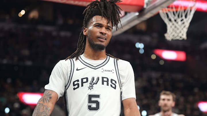 Apr 28, 2026; San Antonio, Texas, USA; San Antonio Spurs guard Stephon Castle (5) reacts during the second half of game five of the first round of the 2026 NBA Playoffs against the Portland Trail Blazers at Frost Bank Center. Mandatory Credit: Scott Wachter-Imagn Images