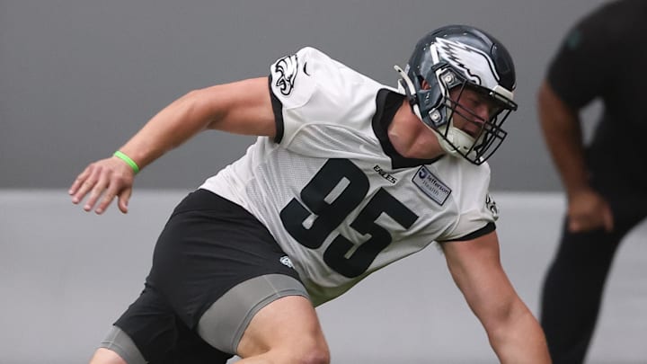 Philadelphia Eagles defensive tackle Ty Robinson runs a drill during OTAs at NovaCare Complex. Philadelphia Eagles defensive tackle Ty Robinson runs a drill during OTAs at NovaCare Complex.