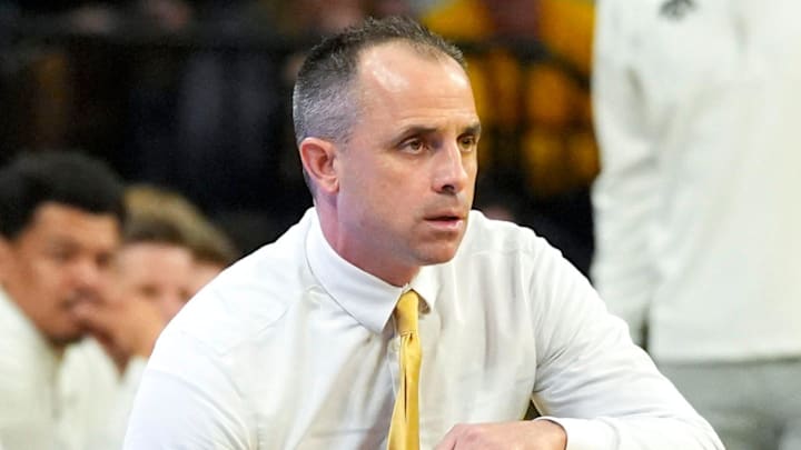 Iowa head coach Ben McCollum watches his team compete against the USC Trojans Jan. 28, 2026 at Carver-Hawkeye Arena in Iowa City, Iowa.