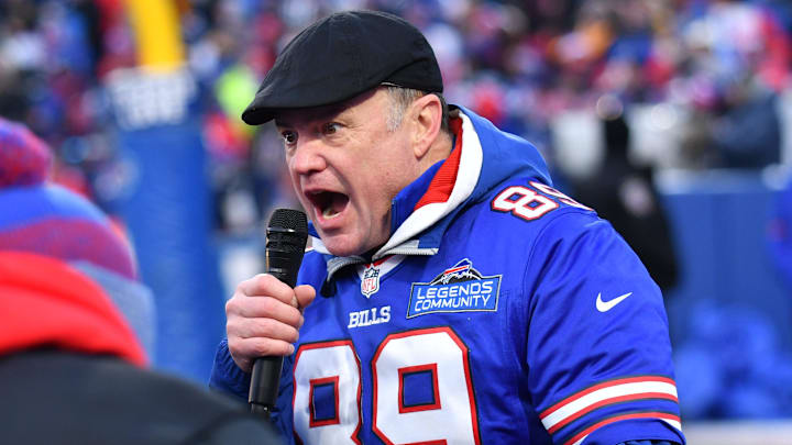 Former Buffalo Bills player Steve Tasker before the game against the Pittsburgh Steelers in a 2024 AFC wild card game at Highmark Stadium.