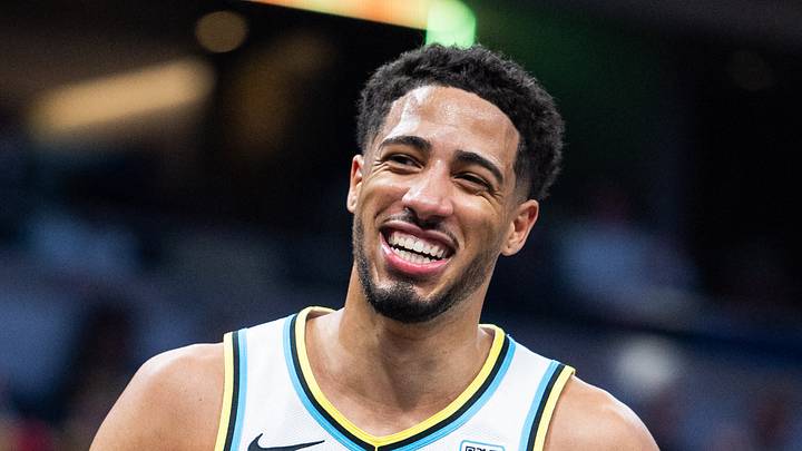 Mar 26, 2025; Indianapolis, Indiana, USA; Indiana Pacers guard Tyrese Haliburton (0) reacts after a basket in the first half against the Los Angeles Lakers at Gainbridge Fieldhouse. Mandatory Credit: Trevor Ruszkowski-Imagn Images
