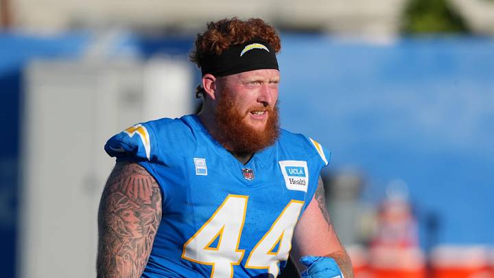 Jul 25, 2025; El Segundo, CA, USA; Los Angeles Chargers fullback Scott Matlock (44) during training camp at The Bolt. Mandatory Credit: Kirby Lee-Imagn Images