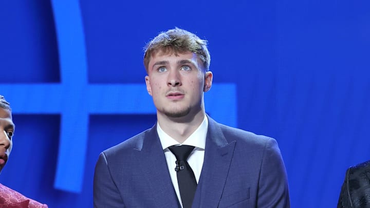 Jun 25, 2025; Brooklyn, NY, USA; Jeremiah Fears, Cooper Flagg, and Dylan Harper stand on stage before the 2025 NBA Draft at Barclays Center. Mandatory Credit: Brad Penner-Imagn Images Jun 25, 2025; Brooklyn, NY, USA; Jeremiah Fears, Cooper Flagg, and Dylan Harper stand on stage before the 2025 NBA Draft at Barclays Center. Mandatory Credit: Brad Penner-Imagn Images