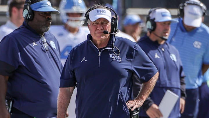 Sep 20, 2025; Orlando, Florida, USA; North Carolina Tar Heels head coach Bill Belichick walks the sideline during the first quarter against the UCF Knights at the Bounce House Stadium. Mandatory Credit: Mike Watters-Imagn Images