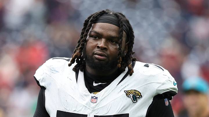 Sep 29, 2024; Houston, Texas, USA; Jacksonville Jaguars offensive tackle Anton Harrison (77) after the game against the Houston Texans at NRG Stadium.