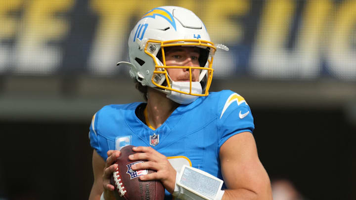 Sep 29, 2024; Inglewood, California, USA; Los Angeles Chargers quarterback Justin Herbert (10) throws the ball in the second quarter against the Kansas City Chiefs at SoFi Stadium. Mandatory Credit: Kirby Lee-Imagn Images Sep 29, 2024; Inglewood, California, USA; Los Angeles Chargers quarterback Justin Herbert (10) throws the ball in the second quarter against the Kansas City Chiefs at SoFi Stadium. Mandatory Credit: Kirby Lee-Imagn Images