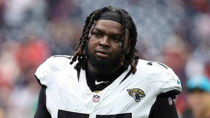 Sep 29, 2024; Houston, Texas, USA; Jacksonville Jaguars offensive tackle Anton Harrison (77) after the game against the Houston Texans at NRG Stadium. Mandatory Credit: Troy Taormina-Imagn Images