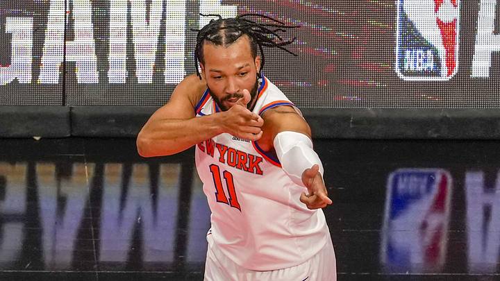 Dec 9, 2025; Toronto, Ontario, CAN; New York Knicks guard Jalen Brunson (11) reacts after scoring against the Toronto Raptors during the first half at the 2025-26 NBA Emirates Cup at Scotiabank Arena. Mandatory Credit: Kevin Sousa-Imagn Images